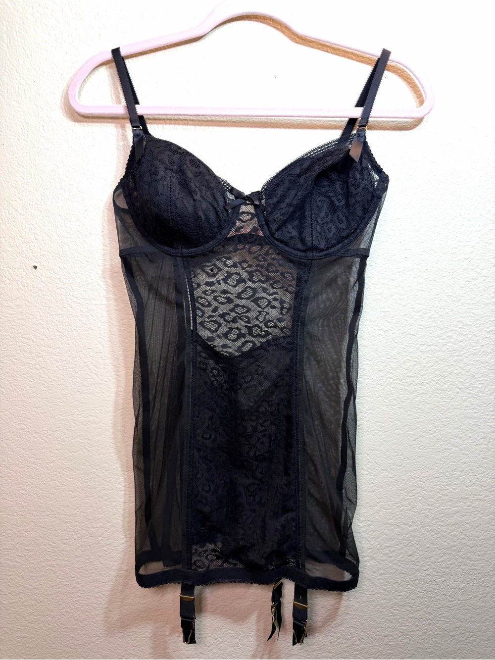 Y2K Victorias Secret Black Lacey Dream Angels Garter Chemise Sheer 36C Coquette